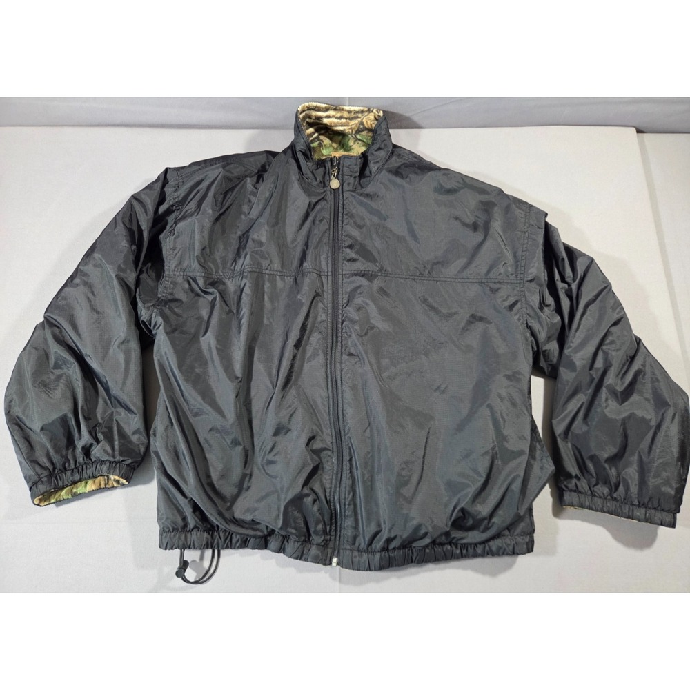Vintage Duxbak Mens XL Black Nylon Reversible Realtree Camo Hunting Jacket